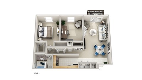 a stylized floor plan with a bedroom and a living room